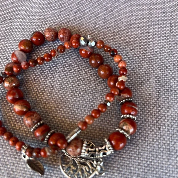 Red Jasper Beaded Bracelet Set w/ Tree of Life & Leaf Charms - Picture 3 of 5